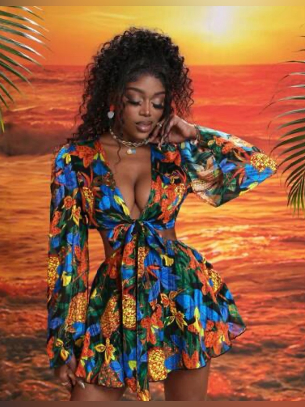 Tropical Pineapple Print Tie-Front Mini Dress - Vibrant Multicolor